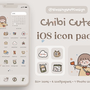 50+ Icon | Cute Small Girl | iOS Icons Pack, iPhone Theme, App Cover, Icons Skin, Home Screen, Doodle, Cute, Mochi, Lo-Fi, Soft, Pastel
