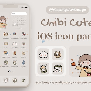 50+ Cute Small Girl | iOS Icons Pack, iPhone Theme, App Cover, Icons Skin, Home Screen, Doodle, Cute, Mochi, Lo-Fi, Soft, Pastel, Chibi