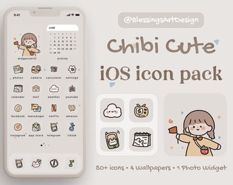 50 + Icona / Cute Small Girl / iOS Icons Pack, Tema iPhone, App Cover, Icons Skin, Schermata Home, Doodle, Carino, Mochi, Lo-Fi, Morbido, Pastello