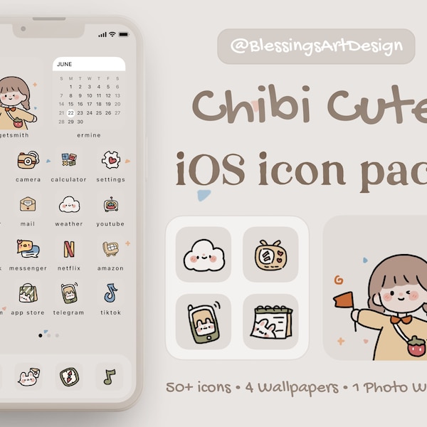 50+ Icon | Cute Small Girl | iOS Icons Pack, iPhone Theme, App Cover, Icons Skin, Home Screen, Doodle, Cute, Mochi, Lo-Fi, Soft, Pastel