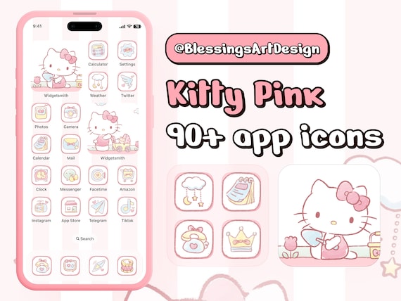 90+ Pink Kitty | iOS Icons Pack, iPhone Theme, App Cover, Icons Skin, Home  Screen, Doodle, Cute, Mochi, Lo-Fi, Soft, Pastel, Anime, Cat