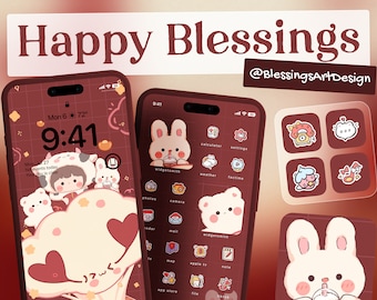 Happy Blessings | iOS Icons Pack, iPhone Theme, App Cover, Icons Skin, Home Screen, Doodle, Cute, Mochi, Lo-Fi, Soft, Pastel