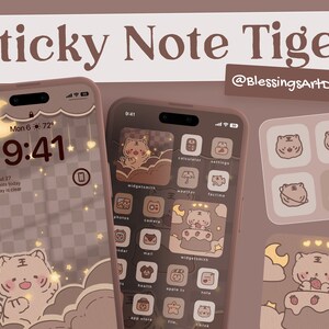 Op de afbeelding: Een bruin en beige iPhone-startscherm met een aangepast ontwerp met een cartoon-tijger met een kroon op zijn hoofd. Het ontwerp bevat een maan, sterren en wolken. De pictogrammen zijn ook aangepast met cartoon-afbeeldingen.