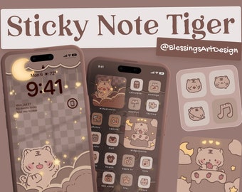 90+ Sticky Note Tiger | iOS Icons Pack, iPhone Theme, App Cover, Icons Skin, Home Screen, Doodle, Cute, Mochi, Lo-Fi, Soft, Pastel