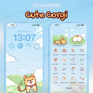 Cute Corgi | iOS Icons Pack Bundle, iPhone Theme, App Covers, Icons Skin, Home Screen Set, Pastel Aesthetic, Hand Drawn, Widgets, Wallpapers