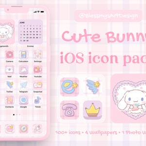 Iconos de app Pastel Bunny / Paquete de iconos Kawaii para iOS / Tema de pantalla de inicio con estética de cuadros rosa suave / Widgets y fondo de pantalla Coquette Cloud
