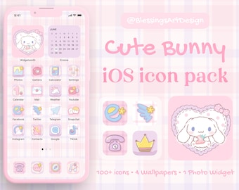 Cute Bunny iOS Icons Pack Romantic Aesthetic Cozy Lo-Fi Hand Drawn App Icon Theme for iPhone iPad Android Samsung Tablet, Soft Pastel Home