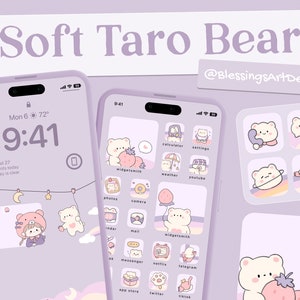 Soft Taro Bear | iOS Icons Pack, iPhone Theme, App Cover, Icons Skin, Home Screen, Doodle, Cute, Mochi, Lo-Fi, Soft, Pastel