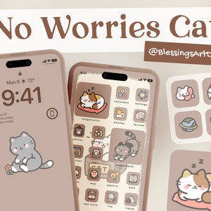 Paquete de iconos de No Worries Cat / iOS, tema de iPhone, cubierta de aplicación, piel de iconos, pantalla de inicio, garabato, lindo, Mochi, Lo-Fi, suave, pastel