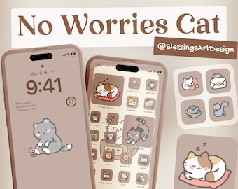 No Worries Cat | iOS Icons Pack, iPhone Theme, App Cover, Icons Skin, Home Screen, Doodle, Cute, Mochi, Lo-Fi, Soft, Pastel