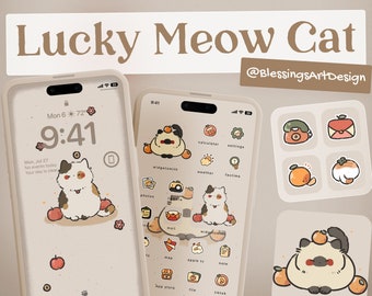 Lucky Meow Cat | iOS Icons Pack, iPhone Theme, App Cover, Icons Skin, Home Screen, Doodle, Cute, Mochi, Lo-Fi, Soft, Pastel