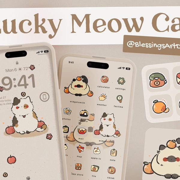 Lucky Meow Cat | iOS Icons Pack, iPhone Theme, App Cover, Icons Skin, Home Screen, Doodle, Cute, Mochi, Lo-Fi, Soft, Pastel