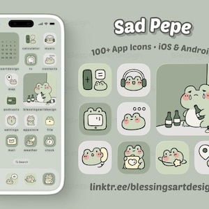 Könnte beinhalten: Ein Handy-Screenshot mit einem benutzerdefinierten App-Icon-Set im traurigen Frosch-Design. Die Icons sind hellgrün mit Frosch-Illustrationen. Das Bild zeigt auch einen Frosch mit Flaschen und den Text "Sad Pepe".