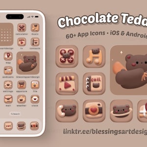 3D Chocolate Teddy | iOS Icons Pack Bundle, iPhone Theme, App Covers, Icons Skin, Home Screen Set, Pastel Aesthetic, Hand Drawn, Widgets