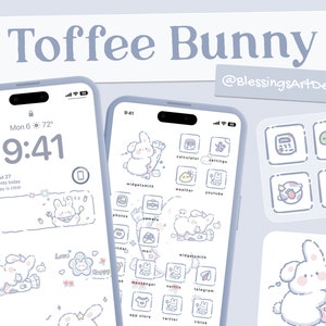 Toffee Bunny | iOS Icons Pack, iPhone Theme, App Cover, Icons Skin, Home Screen, Doodle, Cute, Mochi, Lo-Fi, Soft, Pastel