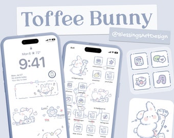 Toffee Bunny / pacchetto icone iOS, tema iPhone, copertina app, skin icone, schermata iniziale, doodle, carino, Mochi, Lo-Fi, morbido, pastello