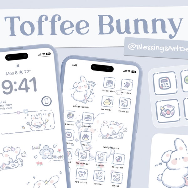 Toffee Bunny | iOS Icons Pack, iPhone Theme, App Cover, Icons Skin, Home Screen, Doodle, Cute, Mochi, Lo-Fi, Soft, Pastel