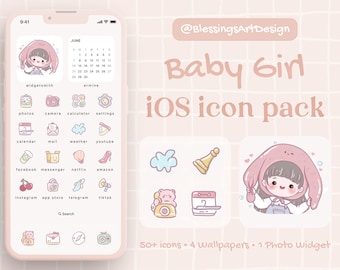 50+ Baby Girl | iOS Icons Pack, iPhone Theme, App Icons, Home Screen, Kawaii, Baby, Cute, Mochi, Lo-Fi, Soft, Pastel, Hand Drawn, Girly