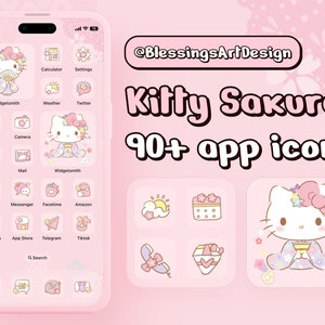 90+ Pink Sakura Flower Kitty | iOS Icons Pack, iPhone Theme, App Cover, Icons Skin, Home Screen, Doodle, Cute, Mochi, Lo-Fi, Soft, Pastel