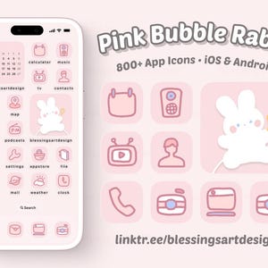 Aesthetic Cute Cozy App Icons - Pink Bubble Rabbit Lo-Fi Hand Drawn for iOS and Android | Minimalist Pastel Digital Download