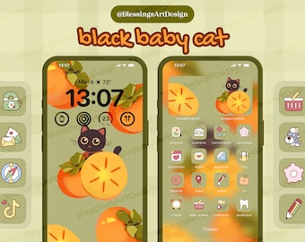 Black Baby Cat | iOS Icons Pack Bundle, iPhone Theme, App Covers, Icons Skin, Home Screen Set, Aesthetic, Hand Drawn, Widgets, Wallpapers