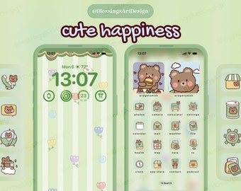 Cute Happiness Bear | iOS Icons Pack Bundle, iPhone Theme, App Covers, Icons Skin, Home Screen Set, Pastel Aesthetic, Widgets, Wallpapers