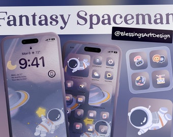 Fantasy Spaceman | iOS Icons Pack, iPhone Theme, App Cover, Icons Skin, Home Screen, Doodle, Cute, Mochi, Lo-Fi, Soft, Pastel