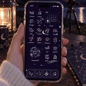 Ícones de constelações para iPhone | Pacote com mais de 45 ícones de mapa estelar celestial | Tela inicial com céu noturno em preto e dourado | Tema estético Dark Academia