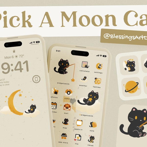Pick A Moon Cat | iOS Icons Pack, iPhone Theme, App Cover, Icons Skin, Home Screen, Doodle, Cute, Mochi, Lo-Fi, Soft, Pastel