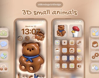 3D Small Animals | iOS Icons Pack Bundle, iPhone Theme, App Covers, Icons Skin, Home Screen Set, Pastel Aesthetic, Hand Drawn, Widgets