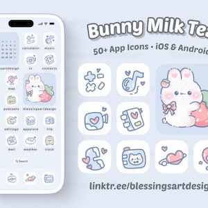 May include: A light blue phone screen shows app icons with a bunny and strawberry theme. The words "Bunny Milk Tea" and "50+ App Icons" are visible. The icons are in a cute, cartoon style.