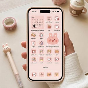 Bear Bunny App Icons, Kawaii Pastel Pink Hand Drawn Theme, Phone Wallpaper (Digital Download)