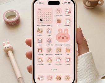 Niedliche Bär und Kaninchen App Icons für iOS & Android - Handgezeichnetes Kawaii Pastell Rosa Phone Theme Pack mit Widgets, gemütlicher ästhetischer Hintergrund