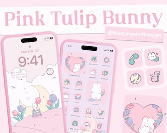 Pink Tulip Bunny / pacchetto icone iOS, tema iPhone, copertina app, skin icone, schermata iniziale, doodle, carino, Mochi, Lo-Fi, morbido, pastello