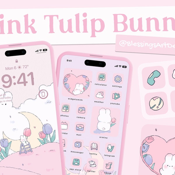 Pink Tulip Bunny | iOS Icons Pack, iPhone Theme, App Cover, Icons Skin, Home Screen, Doodle, Cute, Mochi, Lo-Fi, Soft, Pastel