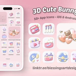 3D Clay Cute Bunny | iOS Icons Pack Bundle, iPhone Theme, App Covers, Icons Skin, Home Screen Set, Pastel Aesthetic, Hand Drawn, Widgets