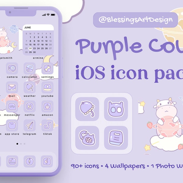 90+ Kawaii Purple Cow | iOS Icons Pack, iPhone Theme, App Cover, Icons Skin, Home Screen, Doodle, Cute, Mochi, Lo-Fi, Soft, Pastel, Chibi