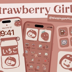 Strawberry Girl | iOS Icons Pack, iPhone Theme, App Cover, Icons Skin, Home Screen, Doodle, Cute, Mochi, Lo-Fi, Soft, Pastel