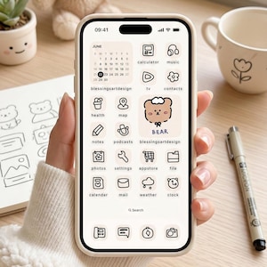 Braun Teddybär: Ästhetisches niedliches gemütliches Lo-Fi handgezeichnetes App-Icon-Thema für iOS Android Samsung iPhone iPad Tablet, Pastell-Icons und Widgets