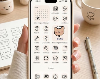 Braun Teddybär: Ästhetisches niedliches gemütliches Lo-Fi handgezeichnetes App-Icon-Thema für iOS Android Samsung iPhone iPad Tablet, Pastell-Icons und Widgets