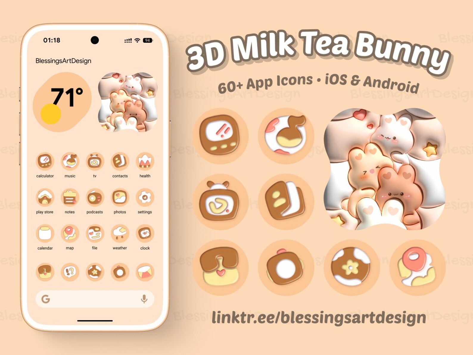 Ios Tea Themes Kawaii Milk Tea Bunny App Icons: Ios Android Theme (digital Download - Etsy
