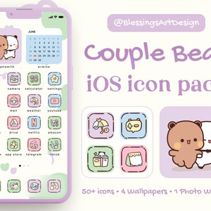 San Valentino Coppia Carina Orso / iOS Icons Pack, Tema iPhone, Copertina App, Icone Skin, Schermata Home, Doodle, Mochi, Lo-Fi, Soft, Pastello, Chibi