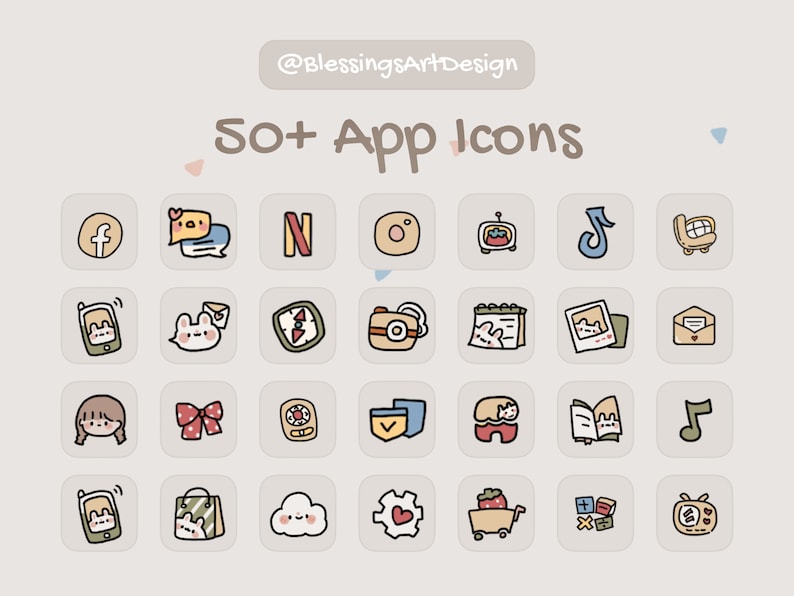 50+ Cute Small Girl | iOS Icons Pack, iPhone Theme, App Cover, Icons Skin, Home Screen, Doodle, Cute, Mochi, Lo-Fi, Soft, Pastel, Chibi