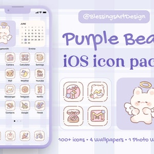 Purple Bear iOS Icon Pack: Kawaii App Icons, Wallpapers (Digital Download)