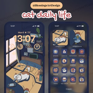 Cat Daily Life | iOS Icons Pack Bundle, iPhone Theme, App Covers, Icons Skin, Home Screen Set, Aesthetic, Hand Drawn, Widgets, Wallpapers
