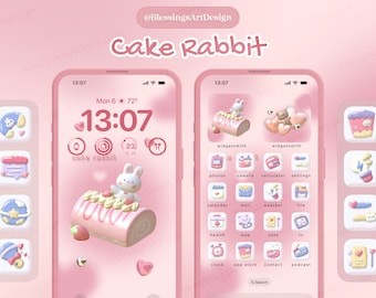 3D Cake Rabbit | iOS Icons Pack Bundle, iPhone Theme, App Covers, Icons Skin, Home Screen Set, Pastel Aesthetic, Hand Drawn, Widgets