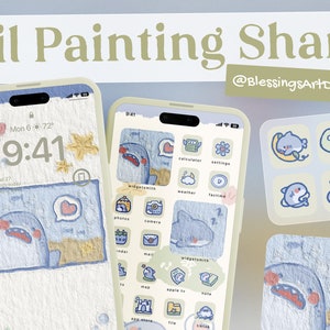 Op de afbeelding: Een telefoonscherm met een blauwe en witte olieverfschildering van een haai. Het telefoonscherm is ingesteld met een aangepast startscherm met pictogrammen voor apps zoals camera, kalender en weer. Het telefoonscherm toont ook een klok die 9:41 aangeeft. De achtergrond van het telefoonscherm is lichtblauw.