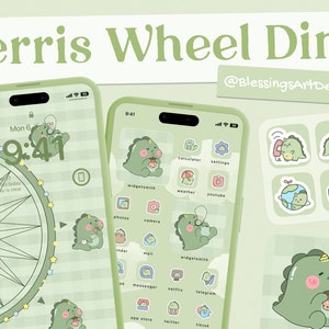 Ferris Wheel Dino | iOS Icons Pack, iPhone Theme, App Cover, Icons Skin, Home Screen, Doodle, Cute, Mochi, Lo-Fi, Soft, Pastel