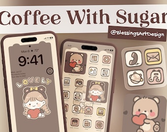 Coffee With Sugar | iOS Icons Pack, iPhone Theme, App Cover, Icons Skin, Home Screen, Doodle, Cute, Mochi, Lo-Fi, Soft, Pastel