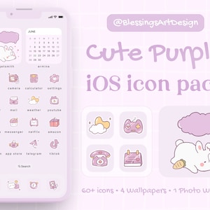 60+ Cute Purple | iOS Icons Pack, iPhone Theme, App Icons, Home Screen, Kawaii, Animal, Cute, Mochi, Lo-Fi, Soft, Pastel, Hand Drawn, Girly